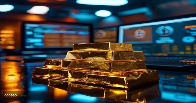 A dramatic photorealistic editorial photograph showing stacked gold bars in the foreground with cryptocurrency symbols and di