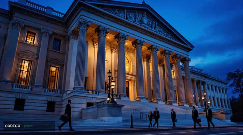 A dramatic photorealistic editorial photograph showing the imposing facade of the US Department of Justice building in Washin