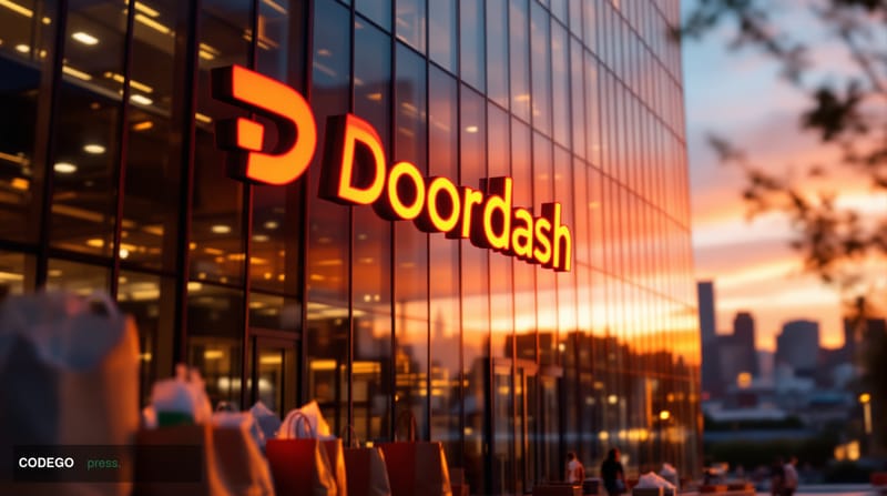 A cinematic editorial photograph showcasing DoorDash's San Francisco headquarters building with the distinctive red DoorDash 