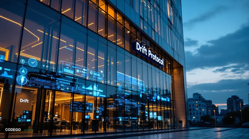 <A cinematic editorial photograph showing the modern glass facade of a cryptocurrency exchange office building at dusk, with 