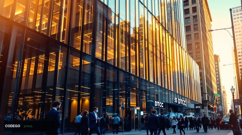 A photorealistic editorial photograph showcasing the <a href="https://www.dtcc.com" target="_blank" rel="noopener">DTCC</a> h