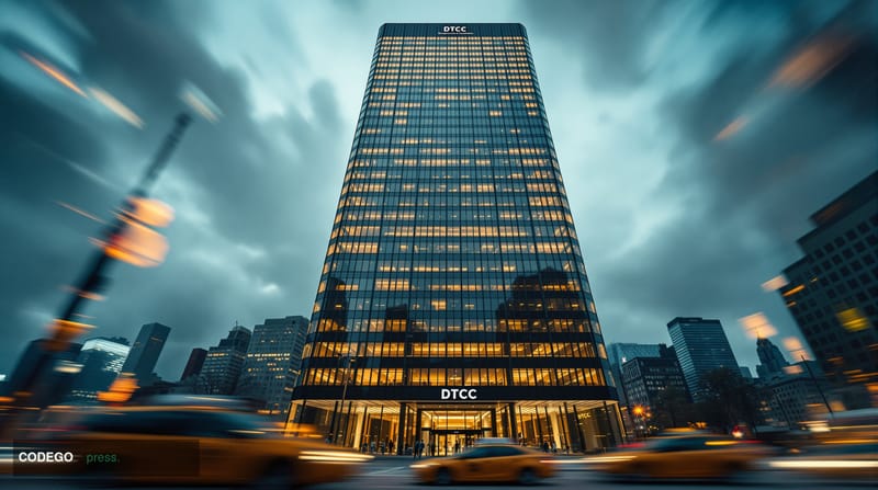 A cinematic editorial photograph of the imposing Depository Trust & Clearing Corporation headquarters building in New York Ci