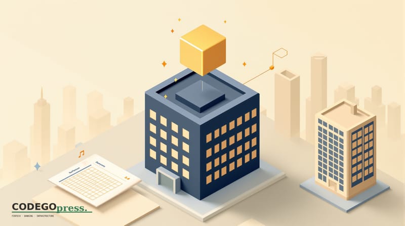 Flat 3D isometric vector editorial illustration in banking-green (#1A6B43) primary with cream background, gold and navy accen