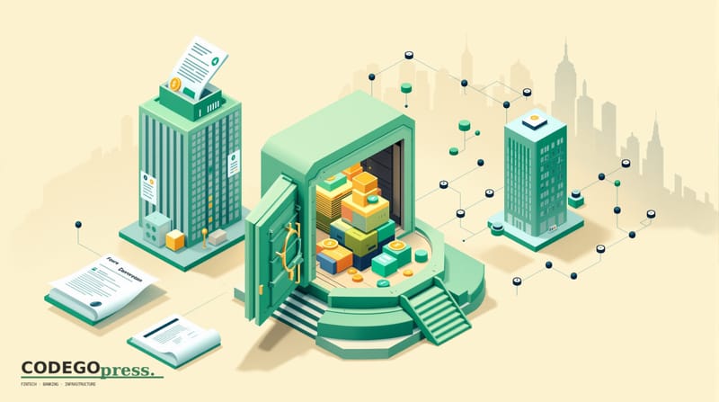 Flat 3D isometric vector editorial illustration in banking-green (#1A6B43) primary with cream background. Center: a modernist