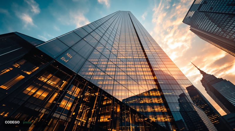 A dramatic wide-angle photograph of the imposing <a href="https://www.dtcc.com" target="_blank" rel="noopener">DTCC</a> headq
