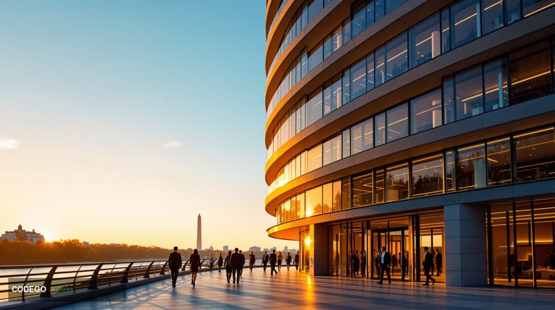 A cinematic editorial photograph capturing The Watergate Hotel's iconic curved modernist facade in Washington DC, shot during