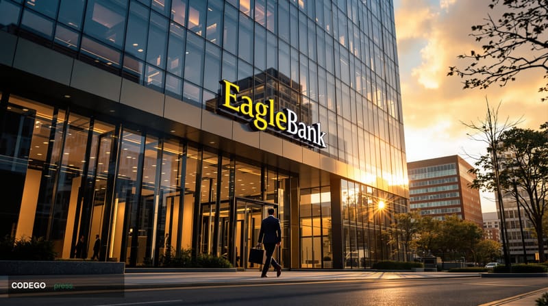 A photorealistic editorial photograph of EagleBank's corporate headquarters building exterior in Bethesda, Maryland, captured