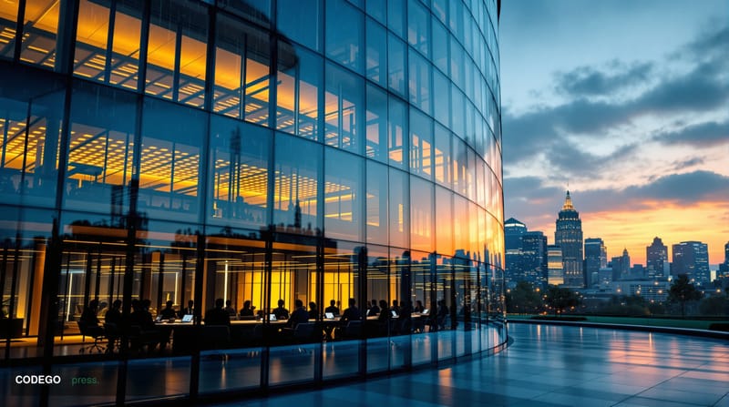 A dramatic photorealistic editorial photograph of the European Central Bank's imposing glass and steel headquarters in Frankf