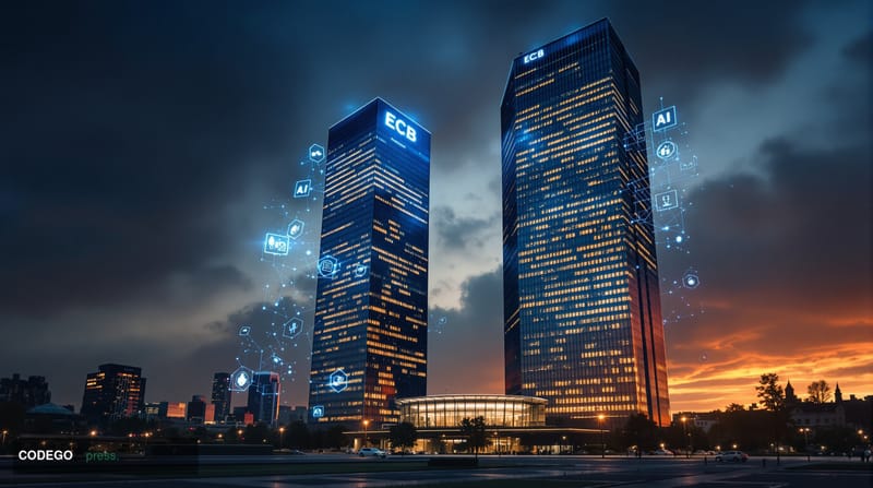 A dramatic photorealistic editorial photograph showcasing the European Central Bank's imposing modern headquarters in Frankfu