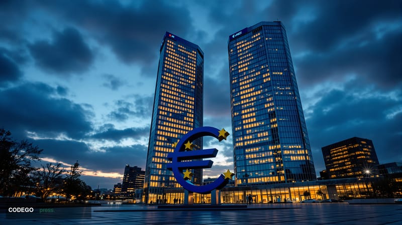 A cinematic editorial photograph of the <a href="https://www.ecb.europa.eu" target="_blank" rel="noopener">European Central B