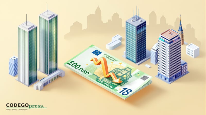 A banking-green euro banknote with downward-trending arrow in centre, ECB twin-glass-tower Frankfurt headquarters on the left