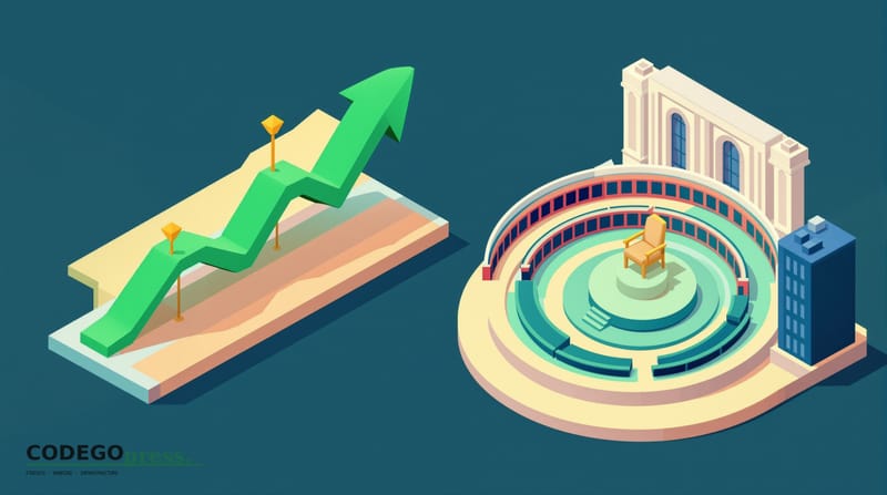 flat 3D isometric vector editorial illustration showing a split composition: on the left, an upward-trending graph line with 