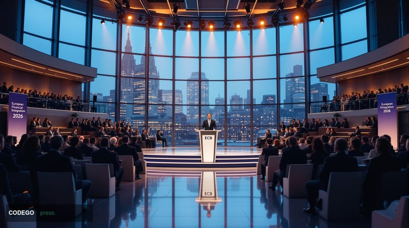 A photorealistic editorial photograph capturing the interior of the European Central Bank headquarters in Frankfurt am Main d