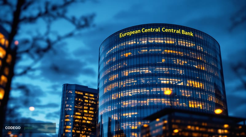 A cinematic editorial photograph of the European Central Bank headquarters in Frankfurt, Germany, with its distinctive modern