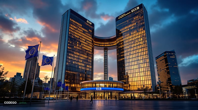 A cinematic photorealistic editorial photograph of the European Central Bank headquarters in Frankfurt am Main, Germany, capt