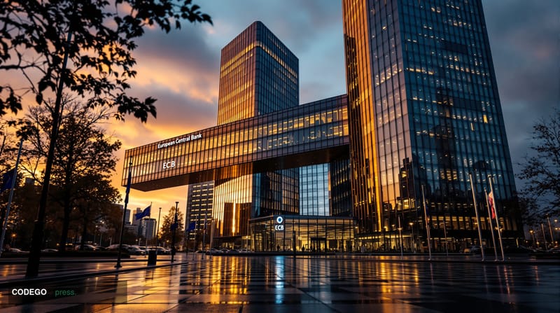 A cinematic editorial photograph capturing the imposing glass and steel facade of the European Central Bank headquarters in F