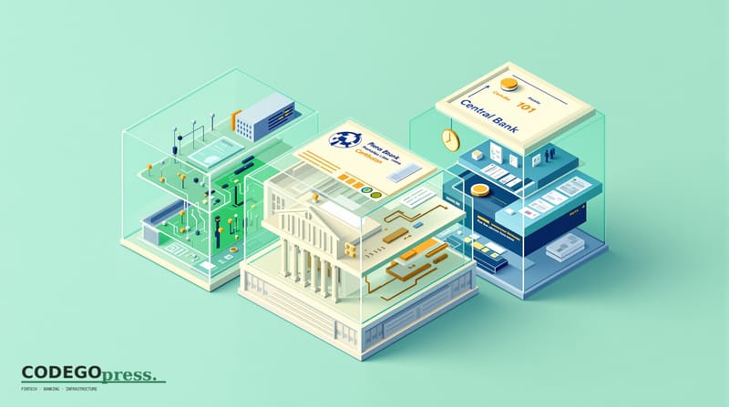 Flat 3D isometric vector editorial illustration. Main scene: a central bank building (geometric, simplified) with three disti