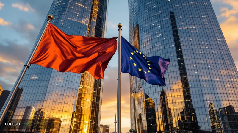 A photorealistic editorial photograph showing the imposing glass and steel headquarters of the European Central Bank in Frank