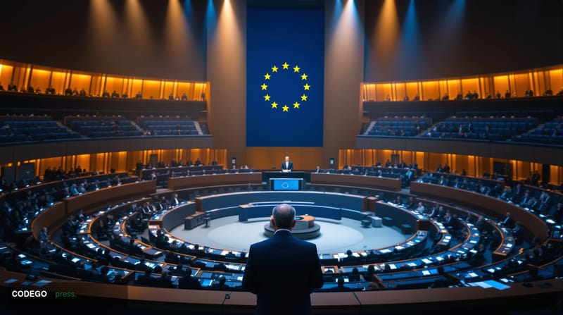 A photorealistic editorial photograph capturing the formal presentation of the ECB Annual Report to the European Parliament. 