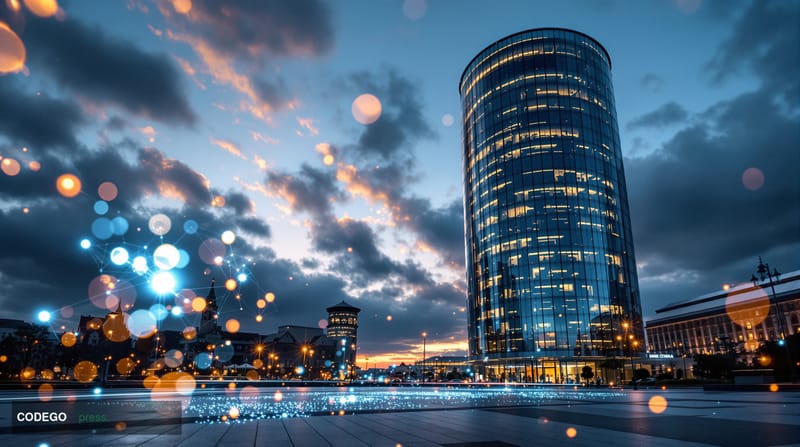 A dramatic photorealistic editorial photograph of the European Central Bank headquarters in Frankfurt am Main, Germany, captu