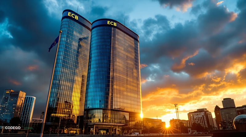 A dramatic photorealistic editorial photograph of the European Central Bank headquarters building in Frankfurt, Germany, capt