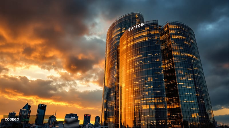 A dramatic photorealistic editorial photograph of the European Central Bank headquarters in Frankfurt, Germany, showing the d