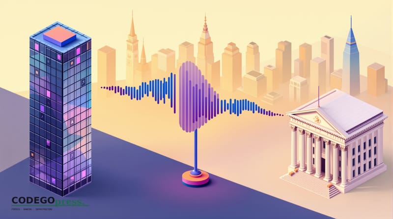 Large synthetic voice waveform in navy blue flowing through a central digital music note, ElevenLabs isometric glass tower on