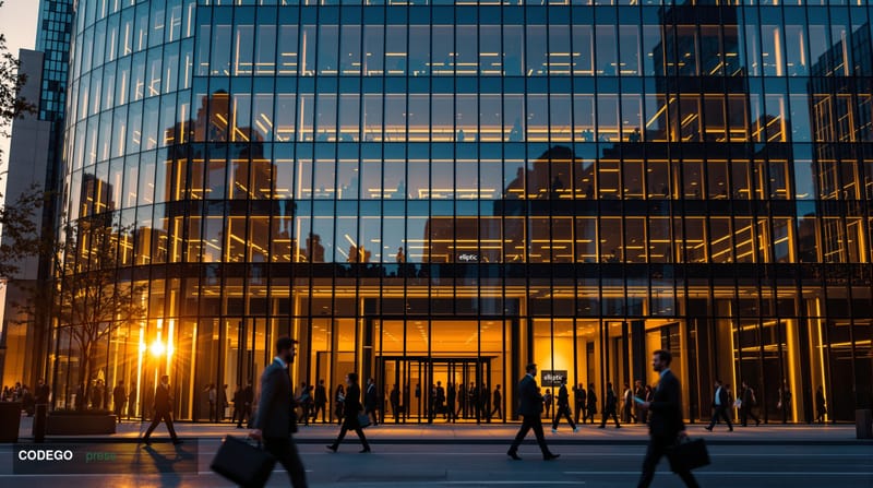 A photorealistic editorial photograph of Elliptic's London headquarters building exterior, captured during golden hour with d