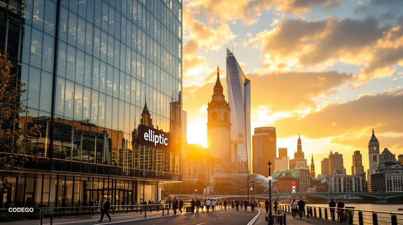 A cinematic editorial photograph showcasing London's financial district with Elliptic's headquarters building prominently fea