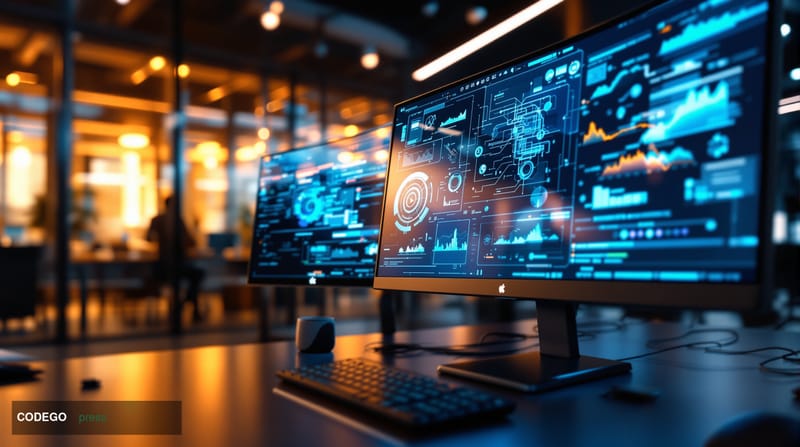 A photorealistic 8K editorial photograph showing a modern fintech office environment with multiple computer screens displayin