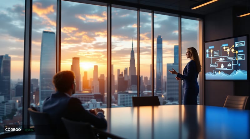 A photorealistic 8K editorial photograph showing a modern tech office conference room with floor-to-ceiling windows overlooki