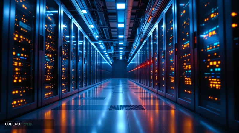A photorealistic editorial photograph showing a modern enterprise data center facility with server racks extending into the d