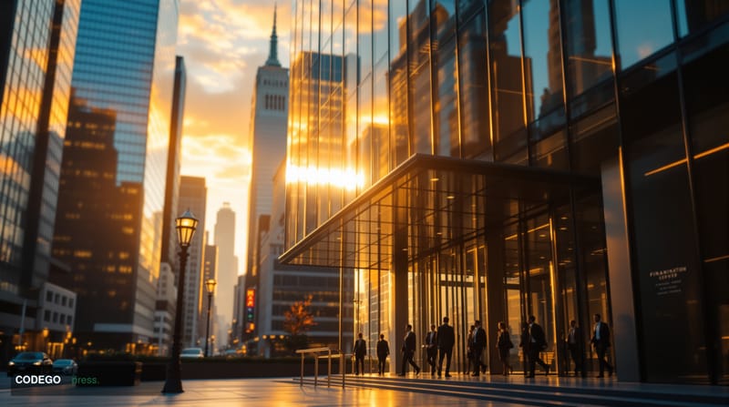 A photorealistic editorial photograph capturing the essence of securities technology consolidation through corporate acquisit