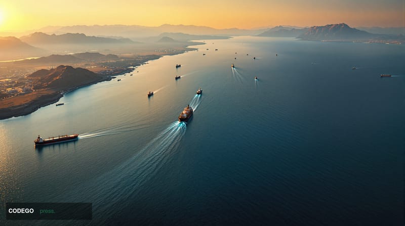 Photorealistic aerial view of the Strait of Hormuz at golden hour, showing the narrow waterway between Iran and Oman with oil