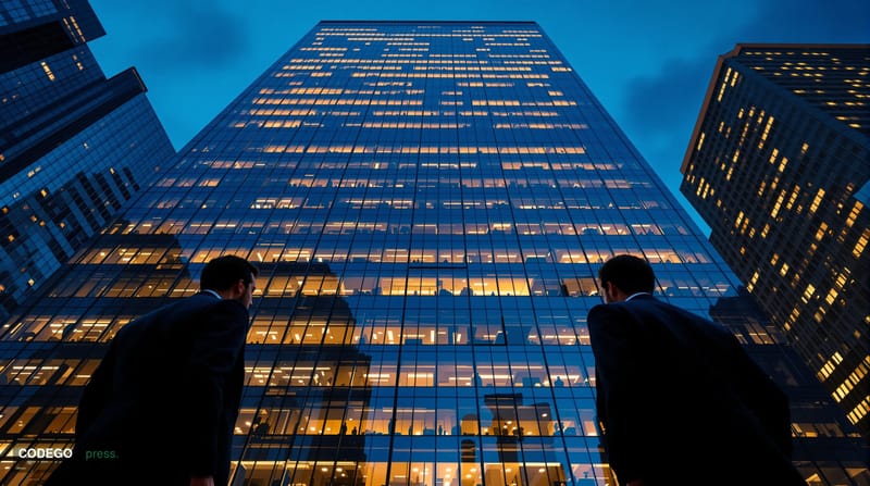 A dramatic photorealistic editorial photograph capturing the intersection of politics and finance, shot from a low angle look
