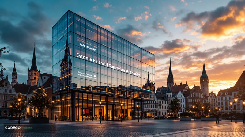 A dramatic photorealistic editorial photograph of Estonia's modern financial district in Tallinn, featuring the distinctive m