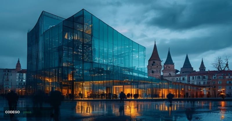 A dramatic photorealistic editorial photograph showing the modern glass facade of Estonia's Financial Intelligence Unit build