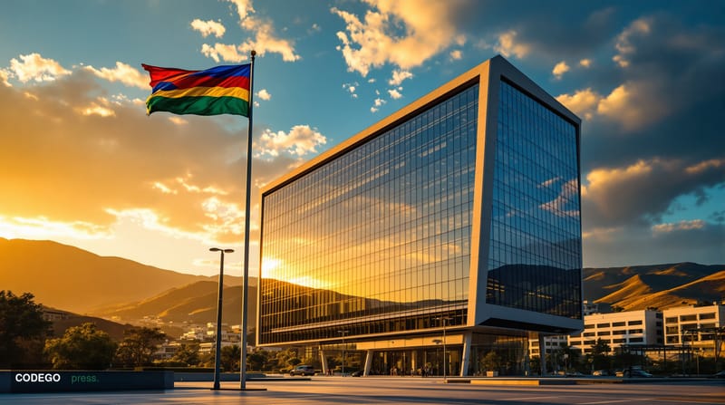 A cinematic editorial photograph of the Central Bank of Eswatini's modern headquarters building in Mbabane, with the distinct
