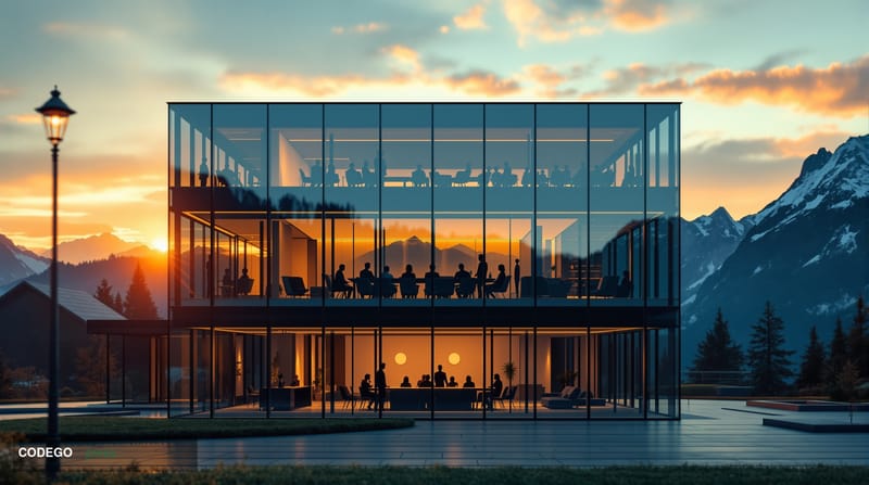 A cinematic editorial photograph of the Ethereum Foundation headquarters in Zug, Switzerland, captured during golden hour wit