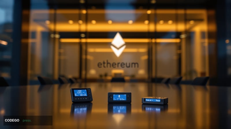 A cinematic editorial photograph showing the Ethereum Foundation headquarters in Switzerland with dramatic chiaroscuro lighti