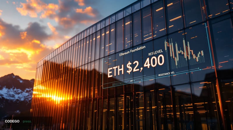 A cinematic editorial photograph of the Ethereum Foundation's headquarters building in Zug, Switzerland, shot during golden h