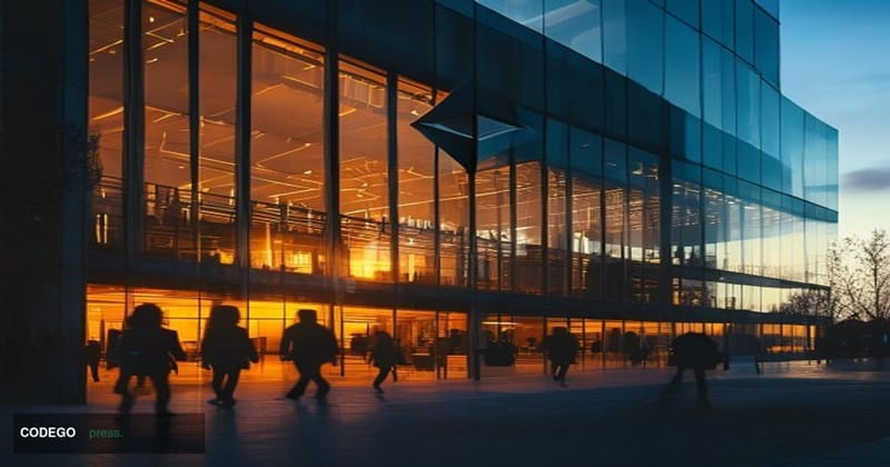 A cinematic editorial photograph of the Ethereum Foundation's headquarters or research facility exterior during golden hour, 