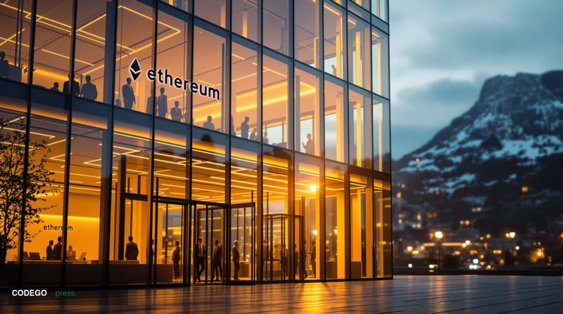 A dramatic photorealistic editorial photograph of the Ethereum Foundation's headquarters or a prominent blockchain technology