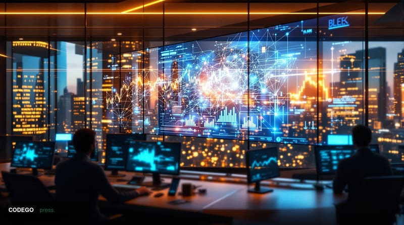 A dramatic photorealistic editorial photograph showcasing Ethereum's blockchain infrastructure dominance. The scene depicts a