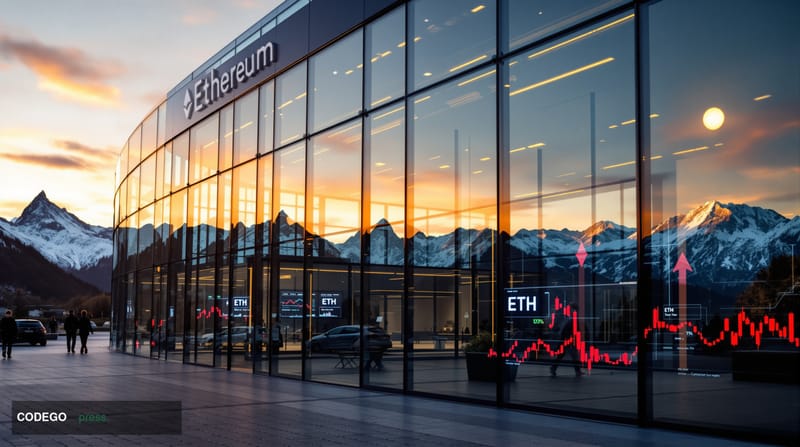 A cinematic editorial photograph capturing the Ethereum Foundation's headquarters in Zug, Switzerland, with the iconic Swiss 