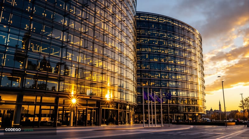 A cinematic editorial photograph showcasing the European Parliament building in Strasbourg, France, with its distinctive curv