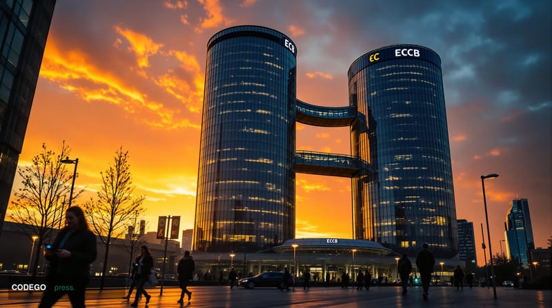 A dramatic photorealistic editorial photograph capturing the European Central Bank headquarters in Frankfurt am Main at golde