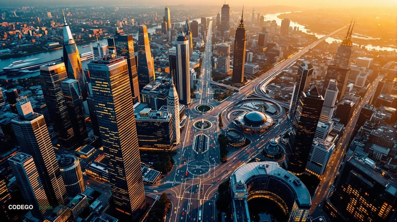 A sweeping cinematic aerial photograph capturing the interconnected nature of Europe's major fintech hubs, featuring a compos