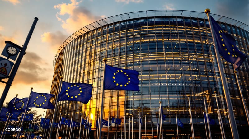 A photorealistic editorial photograph capturing the European Commission headquarters in Brussels, Belgium, with the distincti