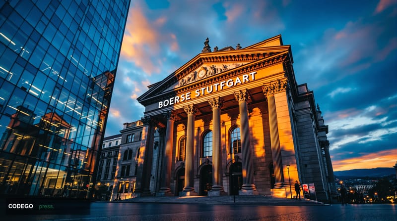 A dramatic wide-angle photograph of the iconic Boerse Stuttgart building (Stuttgart Stock Exchange) in Germany at golden hour